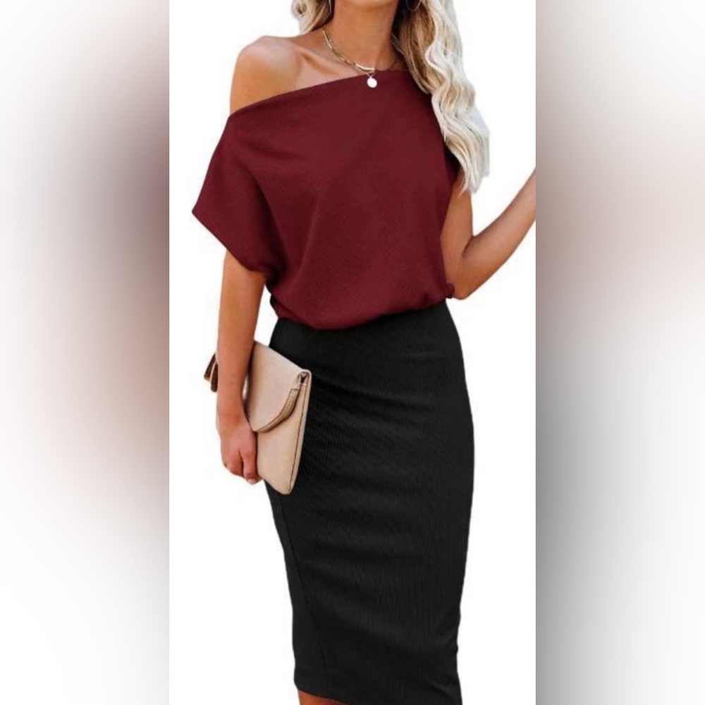 Ezbelle Color Block Off The Shoulder Short Sleeve Ribbed Pencil Dress Black